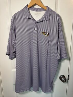 Men’s Purple and White Striped Polo with Embroidered ECU Logo